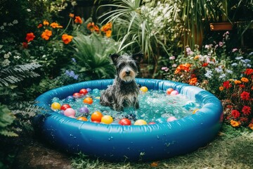 Small Terrier Dog Enjoying Kiddie Pool on a Hot Summer Day