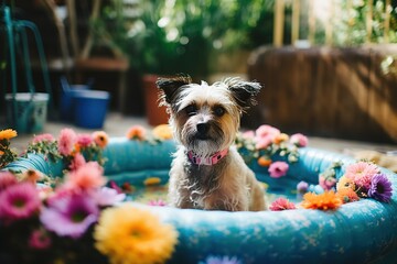 Small Terrier Dog Paddling in Kiddie Pool on Hot Summer Day - obrazy, fototapety, plakaty