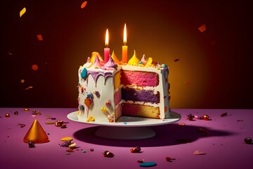 A delicious, colorful birthday cake with icing and candles. A slice has been cut. Generative AI. - obrazy, fototapety, plakaty