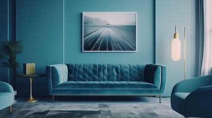 Chic Modern Luxury Aesthetics Style Living Room Blue Tones Interior Design - Generative AI