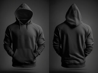 Black Hoodie Front and Back Mockup, Blank Black Hoodie Template Mockup