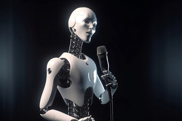AI humanoid robot with the microphone on a stage. Generative AI