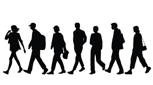 Vector silhouettes of  men and a women, a group of walking  business people, profile, black color isolated on white background