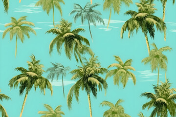 Fototapeta na wymiar Green palm trees against the sky, pattern, illustration, Generative AI