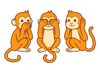 Three wise monkeys with hands covering eyes, ears and mouth: See no evil, Hear no evil, Speak no evil. 