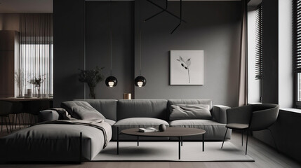 Minimalist Luxury Living Room Interior Design in Elegant Grey Tones and Chic Details - Generative AI