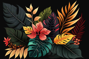 Tropical flowers on black background. Created with Generative Ai technology.