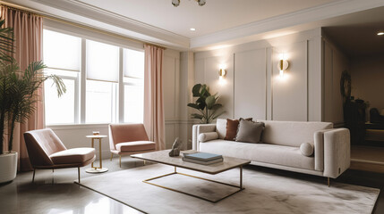 Naklejka na ściany i meble Modern Luxury Living Room Interior Design with Stylish Furniture and Decor - Generative AI