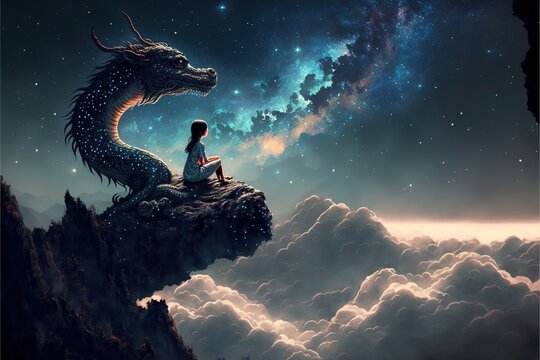 Chinese girl sitting on top of mountain above the cloud with her dragon against night sky with beautiful cloudscape in background. A fantasy night sky and dragon girl artwork. Superb Generative AI.