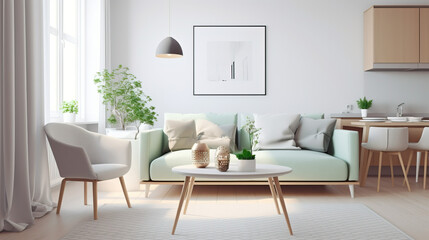 Interior Design, Stylish Scandinavian Living Room, Modern Home, Minimalist Furniture, Comfort Generative AI