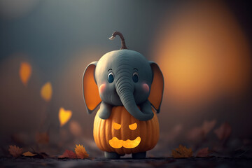 Little Elephant in a Halloween Pumpkin Costume Sitting in a Pumpkin Patch