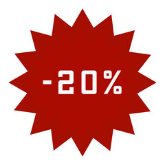 Cute Label or sticker with discount offer of -20%; Circular star-shaped design in red and text in white; Transparent background. PNG file