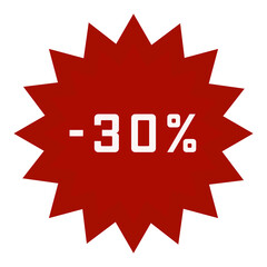 Cute Label or sticker with discount offer of -30%; Circular star-shaped design in red and text in white; Transparent background. PNG file