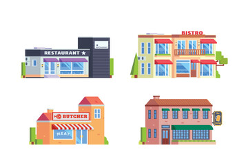 Obraz premium Vector element of restaurant building, bistro, bar and butcher shop flat design style for city illustration