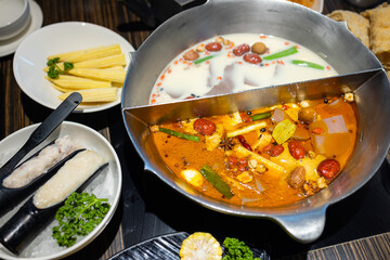 Taiwanese hot pot in restaurant with two flavor