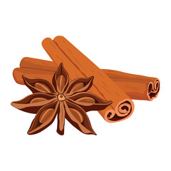 Vector illustration of Christmas scent cinnamon anise spices set isolated on white background. Ingredients of stars anise and cinnamon. Illustration for menu or packaging