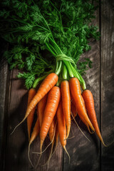 A bunch of fresh carrots still attached to their green leaves, created with Generative AI technology.