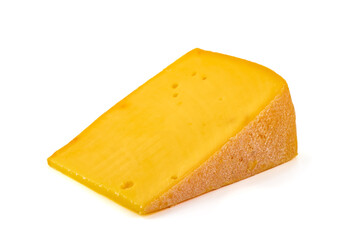 Semi-hard cheese with saffron, close-up, isolated on white background.