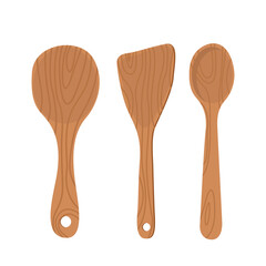 Vector illustration of collection of wooden kitchen utensils. Vector rustic wooden kitchenware set of fork, spoon and spatula digital design elements for your logo, advertisement, menu,