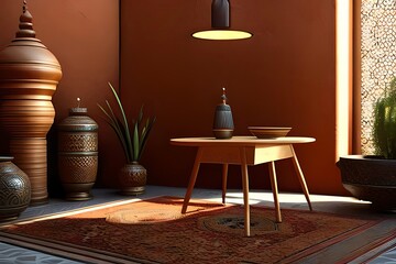 Arabic or Islamic style interior, Rattan Chair, Table, Lamp, Dried Flowers Vases with Patterned Floor