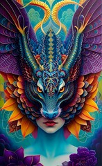 woman wearing dragon mask. the image is made with generative ai