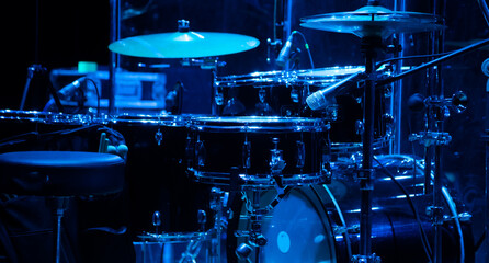 drum set on stage in a concert hall. Large-sized photo with soft change selectivity. Vintage live...