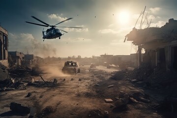 Fototapeta na wymiar Soldiers amidst city destruction, Generative AI