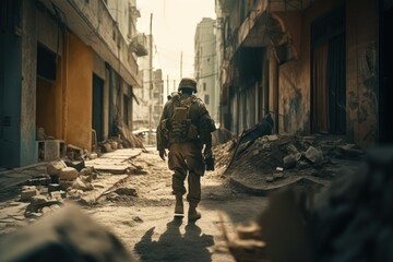 Soldiers amidst city destruction, Generative AI