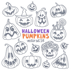 Halloween carved pumpkins. Different shapes and emotions. Cartoon style vector illustration. Jack-o'-lantern doodle set. Outline stroke is not expanded, stroke weight is editable.