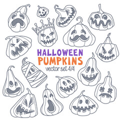 Halloween carved pumpkins. Different shapes and emotions. Cartoon style vector illustration. Jack-o'-lantern doodle set. Outline stroke is not expanded, stroke weight is editable.