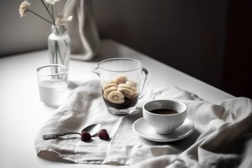 Fototapeta na wymiar breakfast on the table, tea glass, white tones, minimalistic, Generative AI