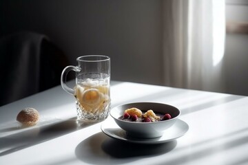  breakfast on the table, tea glass, white tones, minimalistic, Generative AI