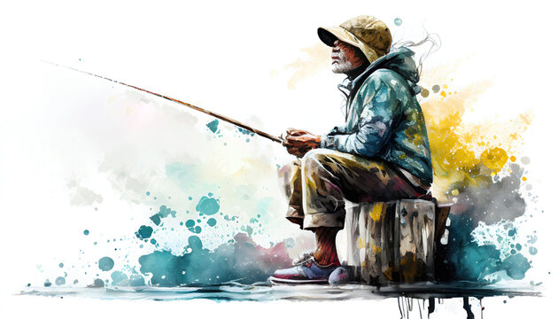 Fisherman with a rod sits and cathces a fish in watercolor style by Generative AI