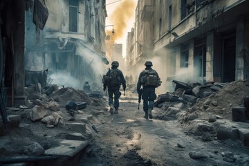Fototapeta na wymiar Soldiers amidst city ruins, Generative AI