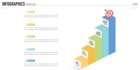 Rectangular isometric infographic template or element with 5 step, process, option, colorful stair, ladder, icons, funnel, 3D rectangle, cube, origami, pyramid, box, bar, column, row, modern style