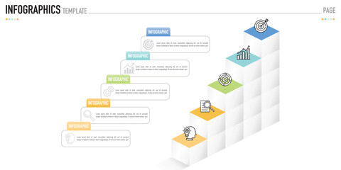 Mind map isometric infographic template or element with 5 step, process, option, colorful icons, 3D cube, rectangular, box, origami, stair, ladder layer for sale slide, minimal modern simple style