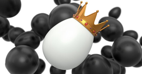 Flying black chicken eggs and unique white egg in gold royal king crown