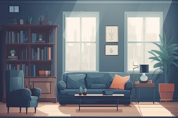 cozy living room with a bookshelf and comfortable furniture. Generative AI