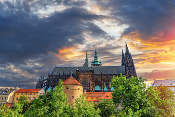 Prague Castle at sunset - Prague, Czech Republic. Prague, the Castle and St. Vitus Cathedral.