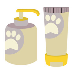 A set of shampoos with a dispenser and paws for animals, cats, dogs, animal care.