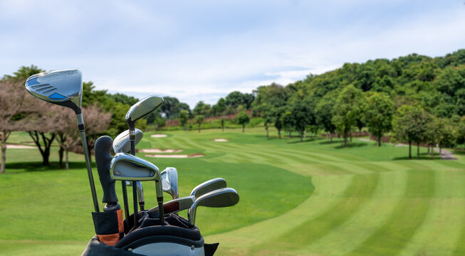 The Golf club bag and golf balls on green grass for golfer training with golf course background,green tree sun rays.	