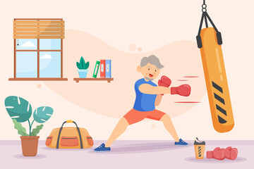 Old man practice boxing exercise ,in cartoon character,