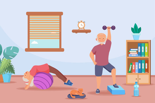 Old Aged Couple Doing Exercise At Home,in Cartoon Character,