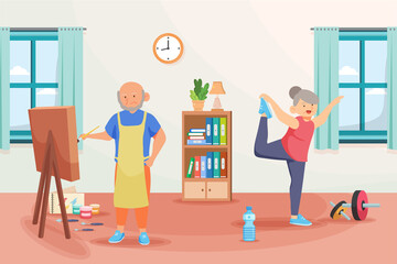 Old man drawing beside his wife is exercise.Doing activity together at home,hobby time,
