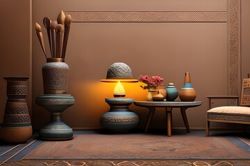 Arabic or Islamic style interior, Rattan Chair, Table, Lamp, Dried Flowers Vases with Patterned Floor