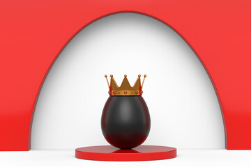 Unique chicken black egg in royal king crown on podium and white background