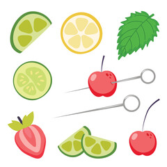 Big set of cocktail elements for decoration. Summer fruit collection. Cute cartoon vector illustration