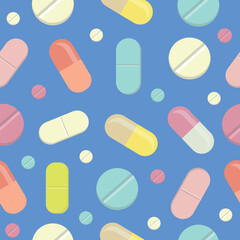 Vector seamless pattern with pills. The concept of treatment and recovery.
