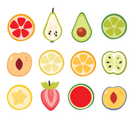 Summer fruit collection. Set of fresh tropical and garden fruit slices, organic biological vegan food. Cute cartoon vector illustration
