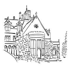 Hand-Drawn Vector Illustration of an Old Country House Street with a Lush Garden. hand-drawn sketch on white background